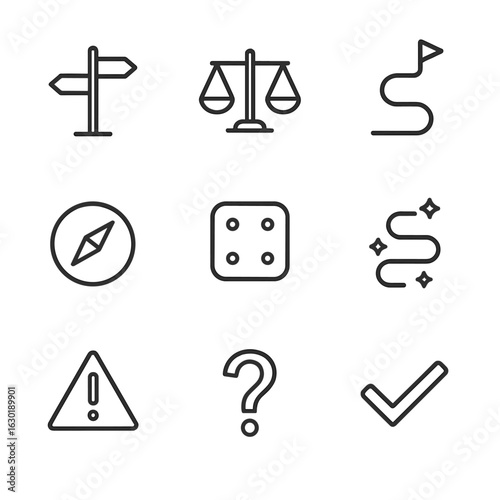 Intuitive Decision Icons. Outline icon set of intuitive decision making: crossroads, balance scale, roadmap, compass needle, dice,