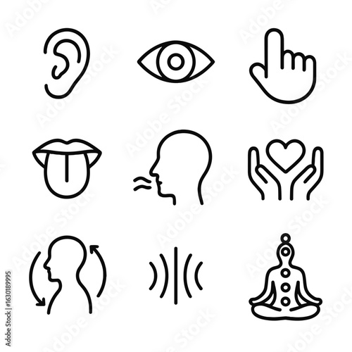 Intuitive Senses Icons. Outline icon set of intuitive senses: hearing, sight, touch, taste, smell, empathy, energy flow, vibration