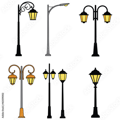 professional high quality Various Street Lamp Designs on a White Background . flat vector 