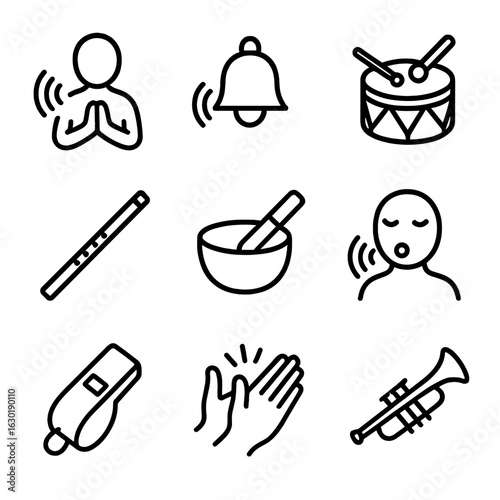 Invocation Sound Icons. Outline icon set of invocation sounds: chanting, bell ringing, drum beat, flute, singing bowl, humming,
