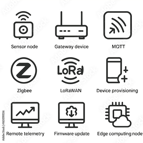 IoT and Social Links Icons. Outline icon set of IoT network: sensor node, gateway device, MQTT symbol, Zigbee icon, LoRaWAN icon,