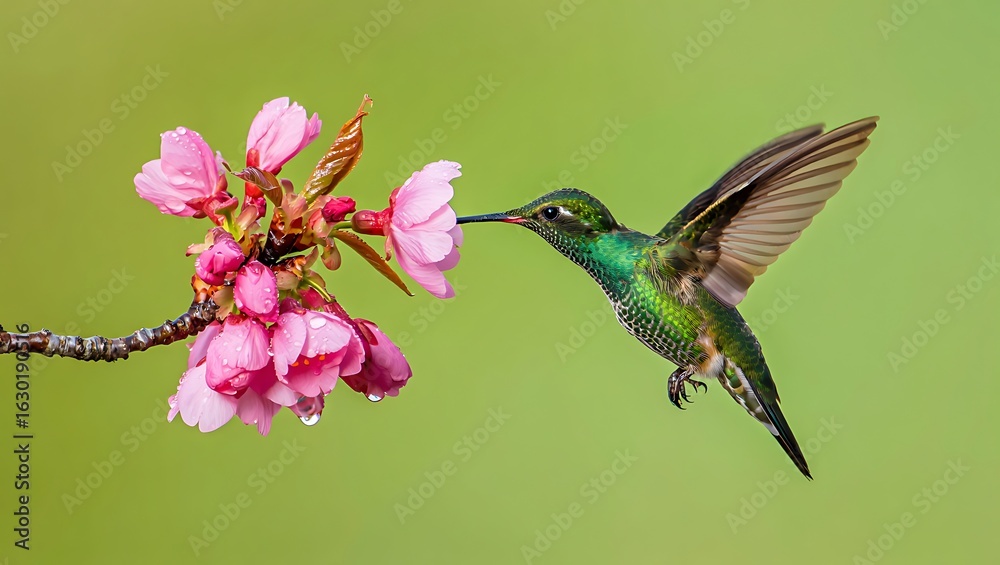 Naklejka premium Hummingbird flying and feeding on flowers in nature