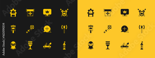 Set Shield with swords, Medieval goblet, Crusade, catapult, Mace spikes, King crown, throne and icon. Vector