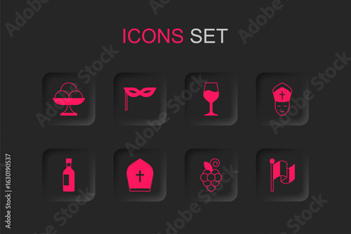 Set Pope hat, Carnival mask, Ice cream in the bowl, Grape fruit, Flag Italy, Wine glass and Bottle of wine icon. Vector
