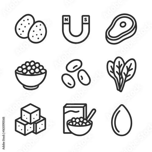 Iron Source Icons. Outline icon set of iron minerals and sources: hematite, magnetite, red meat, lentils, beans, spinach, tofu,