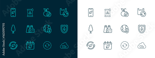 Set line Shopping bag with recycle, Calendar autumn leaves, Earth shield, Recycle symbol, Factory production, Apple, Mobile phone leaf and Radioactive waste barrel icon. Vector