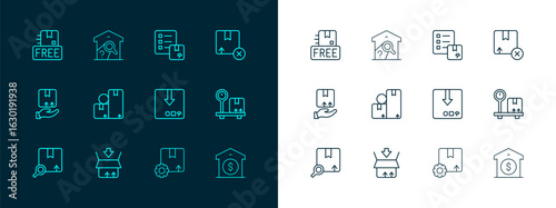 Set line Carton cardboard box, Gear with package, Verification of delivery list, Cardboard free symbol and Warehouse check icon. Vector