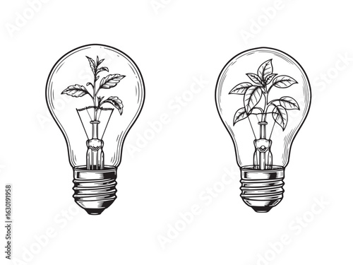 Conceptual mash-up of lightbulb and plant symbolizes ideas blooming and sustainable innovation in vintage style.eps