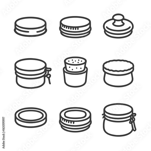 Jar Lid Icons. Outline icon set of jar lids: mason jar lid, metal screw lid, glass lid, clamp lid, cork lid, decorative lid,