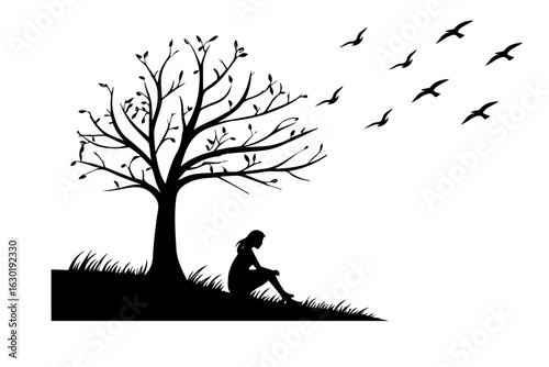 depressed girl sitting under leafless tree , birds are flying silhouette