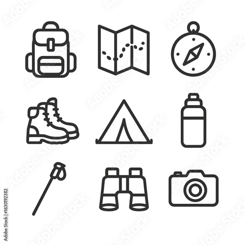 Journey Icon Set. Outline icon set of journey essentials: backpack, map, compass, hiking boots, tent, water bottle, walking stick,
