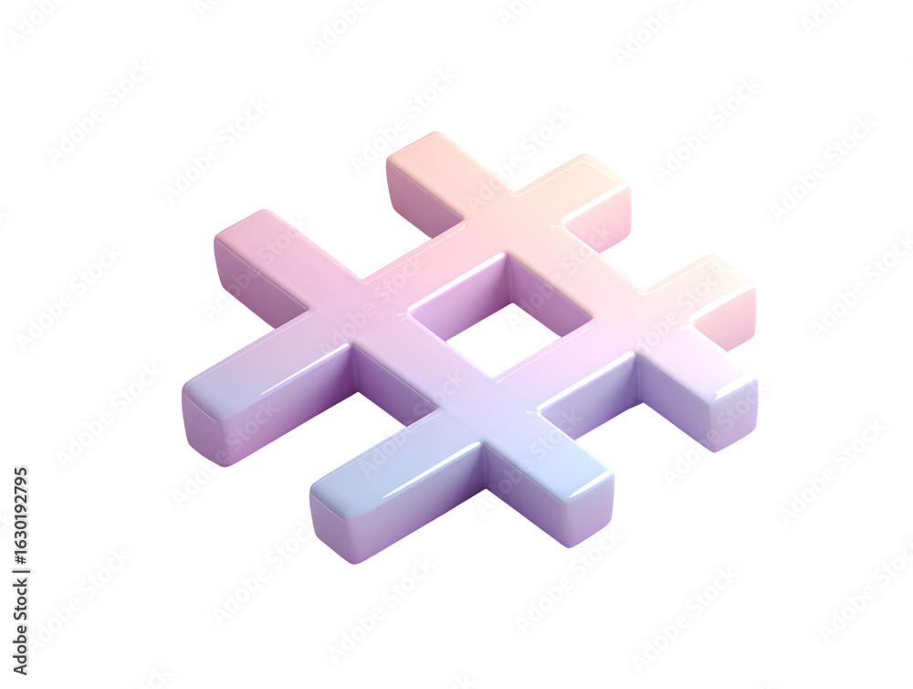 Obraz premium Flat Matte Hashtag Symbol with Pastel Gradient Fill and Subtle Drop Shadow, Isometric View Transparent