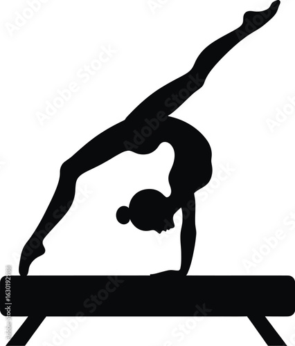 Elegant gymnast silhouette performing a flexible acrobatic pose on a balance beam