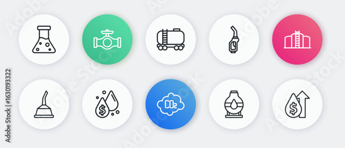 Set line CO2 emissions in cloud, Oil tank storage, Canister for motor machine oil, Gasoline pump nozzle, railway cistern, price increase and drop with dollar symbol icon. Vector