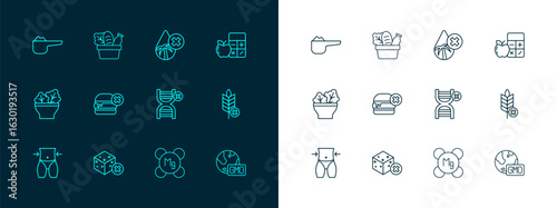 Set line Calorie calculator, No sugar free, GMO, Magnesium, burger, Palm oil, Sports nutrition proteine and Shopping bag and food icon. Vector