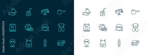 Set line Sports nutrition proteine, Obesity, Kcal, Smart watch with heart, GMO, Calorie calculator, Apple and Fresh smoothie icon. Vector