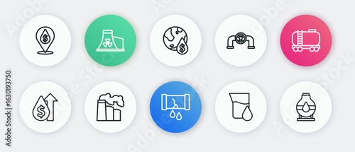 Set line Broken oil pipe with valve, Oil railway cistern, price increase, petrol test tube, drop dollar symbol, tank storage and and gas industrial factory icon. Vector