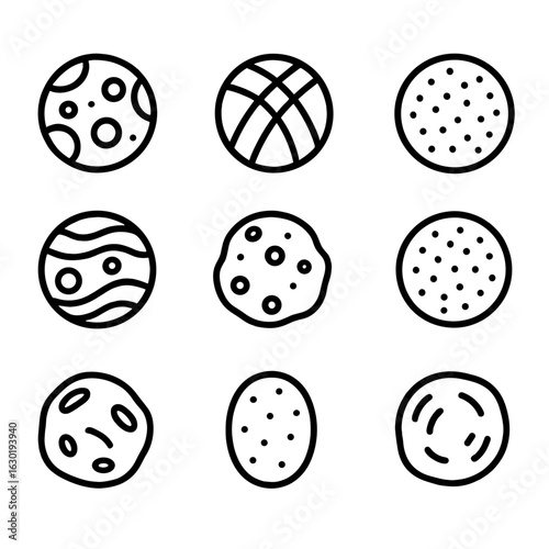 Jupiter's Moon Icons. Outline icon set of Jupiter’s Galilean and inner moons: Io, Europa, Ganymede, Callisto, Amalthea, Himalia,