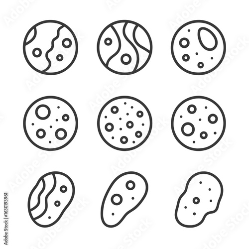 Jupiter's Moon Icons. Outline icon set of Jupiter’s Galilean and inner moons: Io, Europa, Ganymede, Callisto, Amalthea, Himalia,