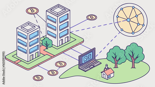 Isometric bitcoin blockchain network illustration for cryptocurrency and finance technology design
