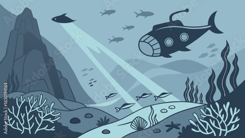 Underwater submarine adventure exploration scene with marine life and ocean landscape vector illustration