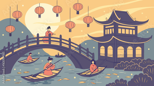 Beautiful chinese landscape illustration with pagoda bridge lanterns boats and people in traditional clothes