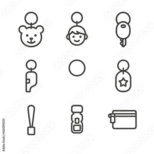 Kids' Key Holders. Outline icon set of kids' key holders: animal-shaped tag, cartoon charm, silicone key cover, safety whistle,