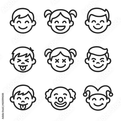 Kids' Laugh Icons. Outline icon set of laugh in expressions for kids: playful smile, giggling, kid's face, funny face, silly