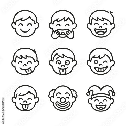 Kids' Laugh Icons. Outline icon set of laugh in expressions for kids: playful smile, giggling, kid's face, funny face, silly
