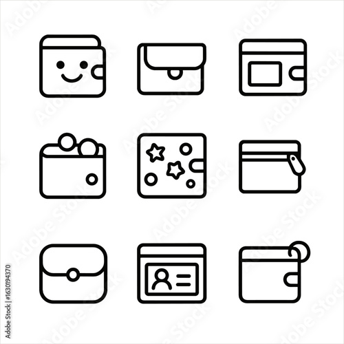 Kids' Wallet Icons. Outline icon set of kids’ wallets: cartoon wallet, velcro flap, name tag, pocket change, playful print, mini
