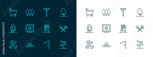 Set line Fruit tree, Farmer worker hat, Well, Scythe, Colorado beetle, Garden rake, Wheelbarrow and trees icon. Vector