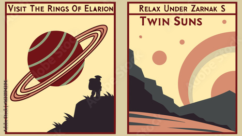 Vintage space travel posters of elarion rings and zarnak twin suns for retro sci fi fans and astronomy lovers