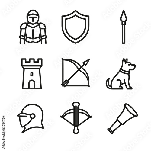 King's Road Icons. Outline icon set of king’s road protection: armored knight, shield, spear, watchtower, archery bow, sentry dog,