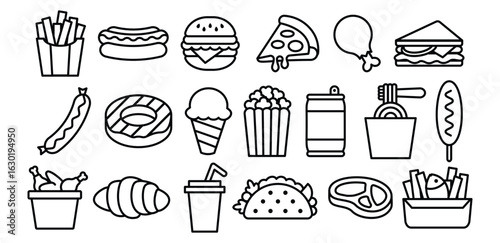 Fast Food Junk Food Simple Line Icon Hot Dog, Hamburger, Pizza, Sandwich, Sausage, Donut, Noodle, Symbol Vector Graphics Design Illustration Collections Sets