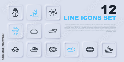 Set line Nautical rope knots, Speedboat, Folded paper, Jet ski, Sailor, Windsurfing and icon. Vector