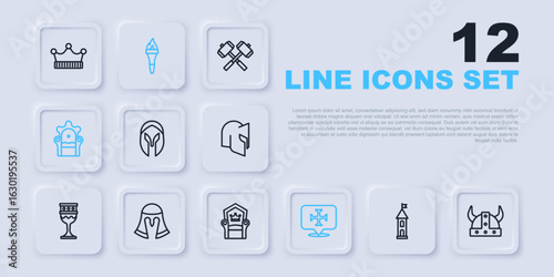 Set line Castle tower, Viking in horned helmet, Medieval, Crusade, throne, Torch flame and icon. Vector