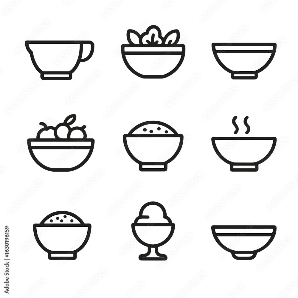 Obraz premium Kitchen Bowl Icons. Outline icon set of kitchen bowls: mixing bowl, salad bowl, serving bowl, fruit bowl, cereal bowl, soup bowl,