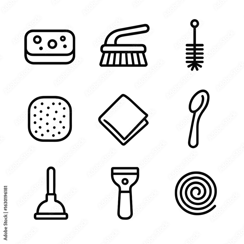 Kitchen Cleaning Icons. Outline icon set of kitchen cleaning tools: dish sponge, scrub brush, bottle brush, scouring pad,