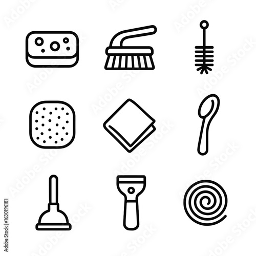 Kitchen Cleaning Icons. Outline icon set of kitchen cleaning tools: dish sponge, scrub brush, bottle brush, scouring pad,