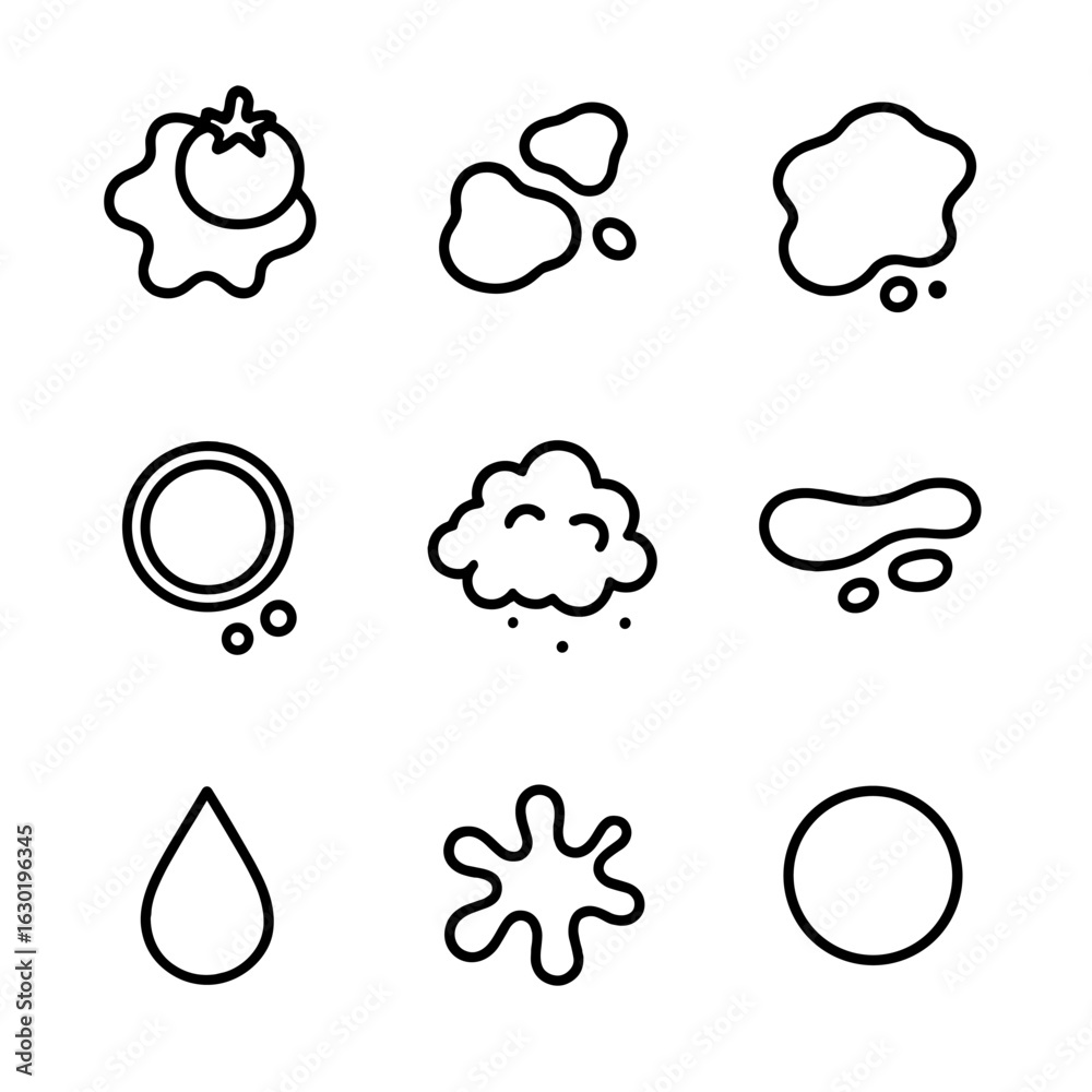 Obraz premium Kitchen Stain Icons. Outline icon set of kitchen stains: tomato sauce, grease, coffee spill, wine drip, flour dust, chocolate