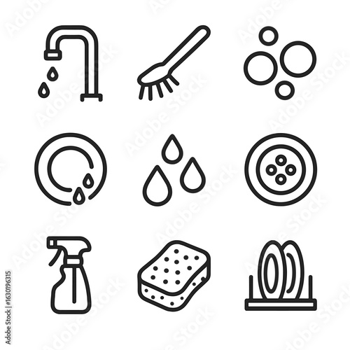 Kitchen Rinse Icons. Outline icon set of rinse in kitchen: running faucet, dishwashing brush, soap bubbles, rinsing plate, water
