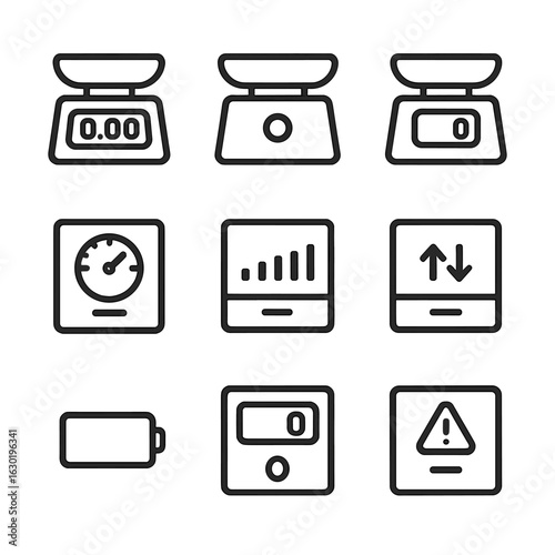 Kitchen Scale Icons. Outline icon set of kitchen scale displays: LCD screen, LED indicator, backlight display, analog dial, weight