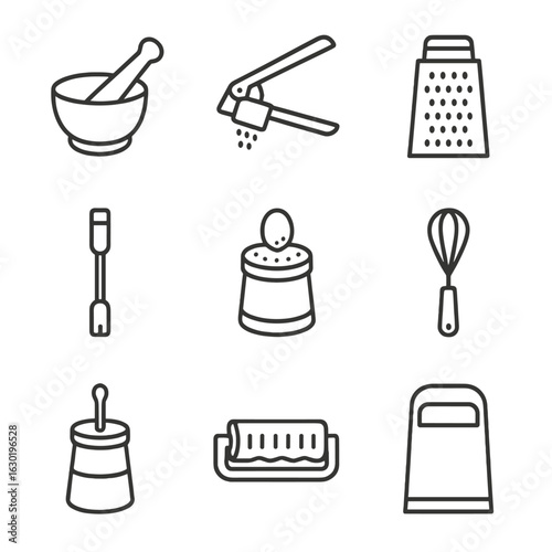 Kitchen Utensils Icons. Outline icon set of manual prep utensils: spice mortar, garlic press, cheese grater, lemon zester, nutmeg