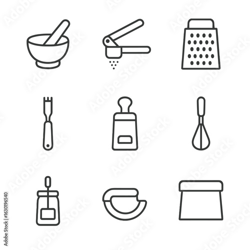 Kitchen Utensils Icons. Outline icon set of manual prep utensils: spice mortar, garlic press, cheese grater, lemon zester, nutmeg