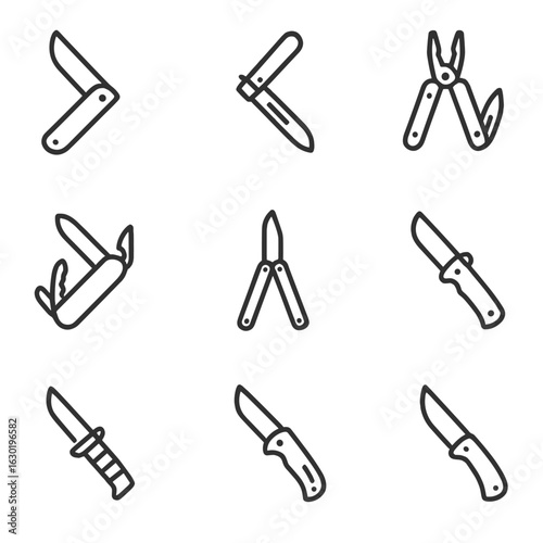 Knife Icon Set. Outline icon set of folding and pocket knives: folding knife, switchblade, multi-tool, Swiss army knife, butterfly