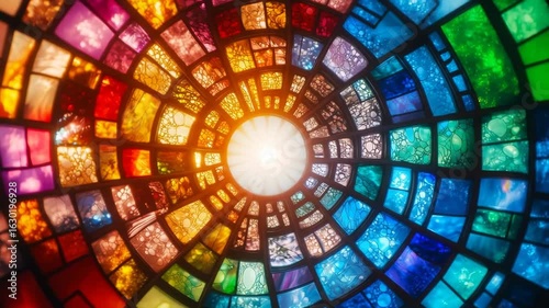 A radiant stained glass window with divine light, an abstract spiritual video backdrop.
