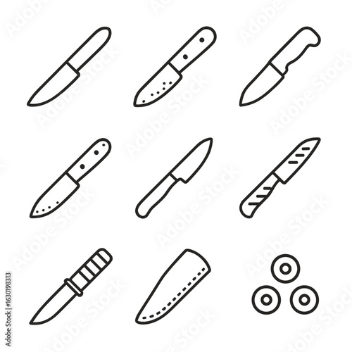 Knife Materials Icons. Outline icon set of knife materials: stainless steel blade, wooden handle, plastic grip, carbon steel,