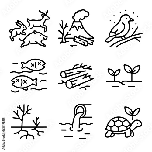 Krakatoa Wildlife Icons. Outline icon set of Krakatoa wildlife impact: fleeing animals, destroyed habitat, ash-covered bird, fish