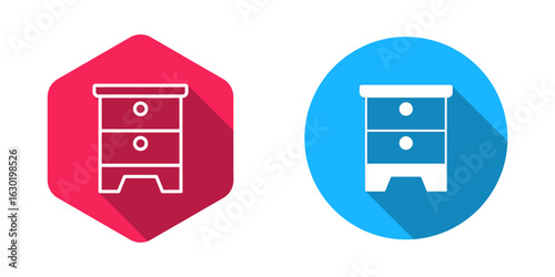 Filled and outline Furniture nightstand icon isolated with long shadow background. Vector