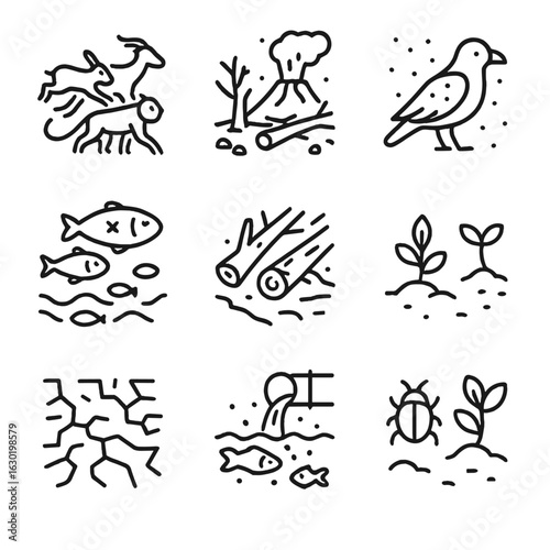 Krakatoa Wildlife Icons. Outline icon set of Krakatoa wildlife impact: fleeing animals, destroyed habitat, ash-covered bird, fish